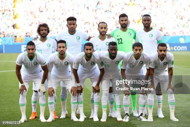 The Saudi Arabia players pose for a team photo prior to the 2018 FIFA World Cup Russia group A match between Uruguay and Saudi Arabia at Rostov Arena...