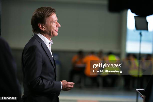 Hakan Samuelsson, president and chief executive officer of Volvo Cars NV, speaks during a Bloomberg Television interview at the Volvo Cars USA plant...