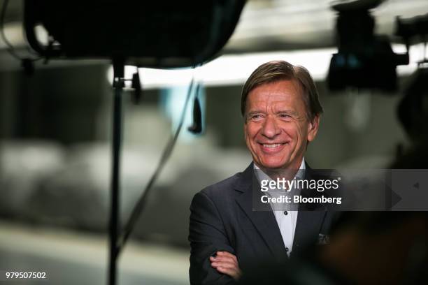 Hakan Samuelsson, president and chief executive officer of Volvo Cars NV, smiles during a Bloomberg Television interview at the Volvo Cars USA plant...