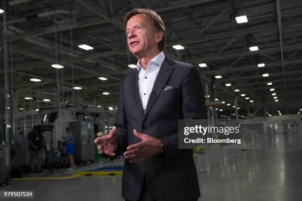 Hakan Samuelsson, president and chief executive officer of Volvo Cars NV, speaks during a Bloomberg Television interview at the Volvo Cars USA plant...