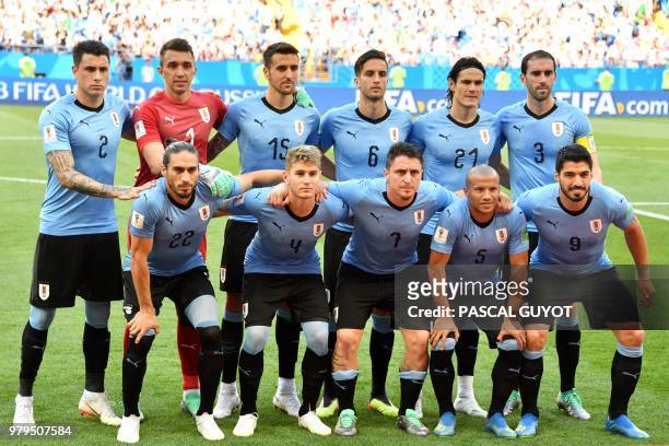 Uruguay's defender Jose Gimenez, Uruguay's goalkeeper Fernando Muslera, Uruguay's midfielder Matias Vecino, Uruguay's midfielder Rodrigo Bentancur,...