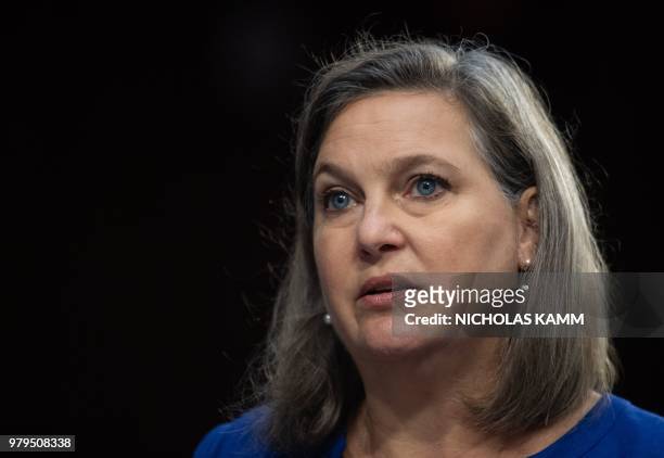 Former US Assistant Secretary of State for European and Eurasian Affairs Victoria Nuland testifies before the Senate Intelligence Committee during a...