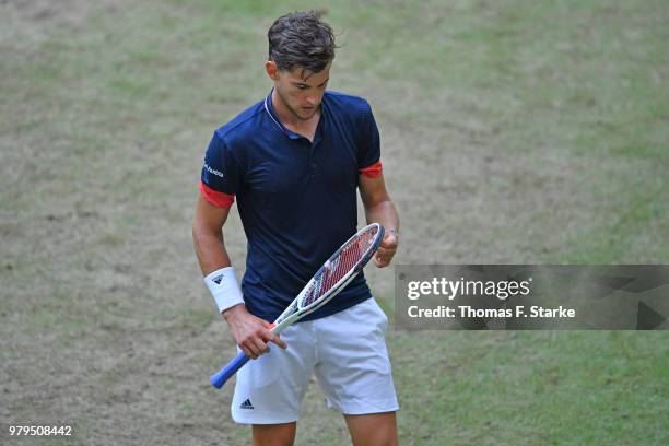 Dominic Thiem of Austria looks dejected in his match against Yuichi Sugita of Japan during day three of the Gerry Weber Open at Gerry Weber Stadium...