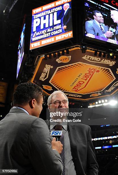 Head Coach Phil Jackson of the Los Angeles is interviewed after becoming the winningest coach in team history following a 99-97 victory over the...