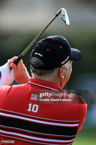 Mark O'Meara of the USA and the Isleworth Team warms up before the first day's play in the 2010 Tavistock Cup, at the Isleworth Golf and Country Club...