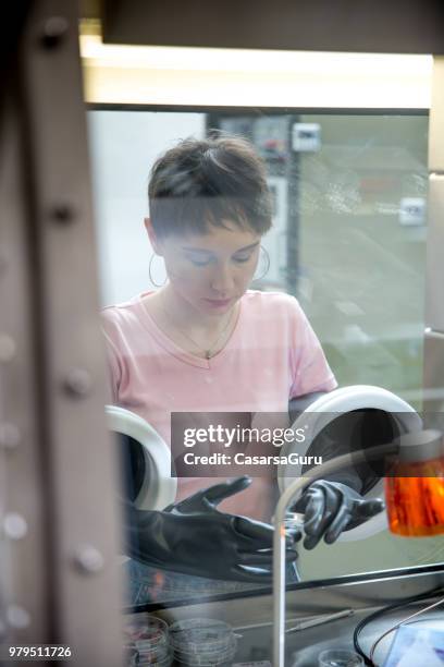 young female researcher preparing samples in glove box for measuring transient photocurrent in organic semiconductors - glove box stock pictures, royalty-free photos & images