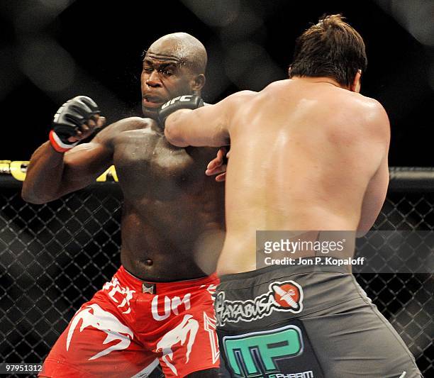 Fighter Cheick Kongo battles UFC fighter Paul Buentello during their Heavyweight fight at UFC Fight Night: Vera vs. Jones at the 1st Bank Center on...