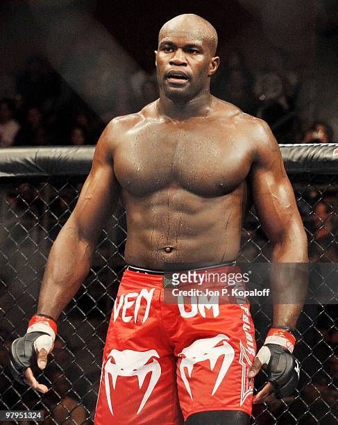 Fighter Cheick Kongo gets ready to resume fighting UFC fighter Paul Buentello during their Heavyweight fight at UFC Fight Night: Vera vs. Jones at...