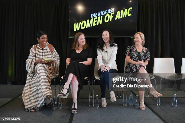 Tamron Hall, Melissa Bernstein, Angela Kang, and Marti Noxon speak onstage during the "The Kick-Ass Women of AMC" Panel at the AMC Summit at Public...
