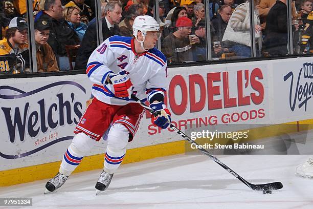 Marian Gaborik of the New York Rangers skates with the puck against the Boston Bruins at the TD Garden on March 21, 2010 in Boston, Massachusetts.