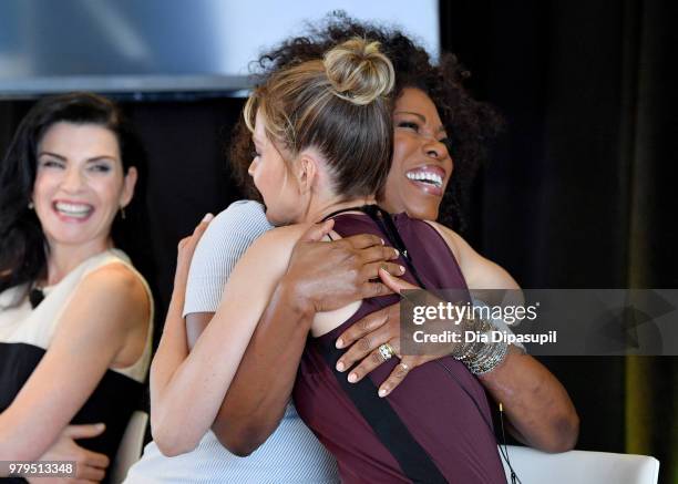 Julianna Margulies, Lorraine Touissant, and Jenna Elfman speak onstage during the "Kick-Ass Women of AMC" Panel at the AMC Summit at Public Hotel on...