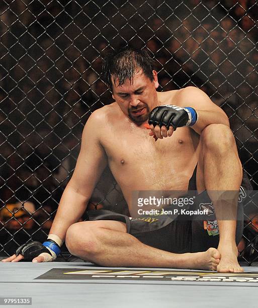 Fighter Paul Buentello recovers after losing by TKO against UFC fighter Cheick Kongo during their Heavyweight fight at UFC Fight Night: Vera vs....