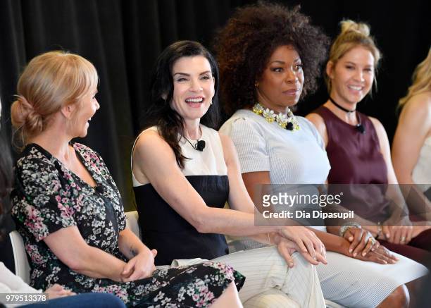 Marti Noxon, Julianna Margulies, Lorraine Toussaint, and Jenna Elfman speak onstage during the "Kick-Ass Women of AMC" Panel at the AMC Summit at...