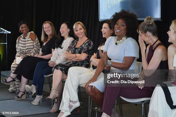 Tamron Hall, Melissa Bernstein, Angela Kang, Marti Noxon, Julianna Margulies, Lorraine Toussaint, Jenna Elfman, and Rhea Seehorn speak onstage during...