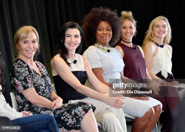 Marti Noxon, Julianna Margulies, Lorraine Toussaint, Jenna Elfman, and Rhea Seehorn speak onstage during the "Kick-Ass Women of AMC" Panel at the AMC...