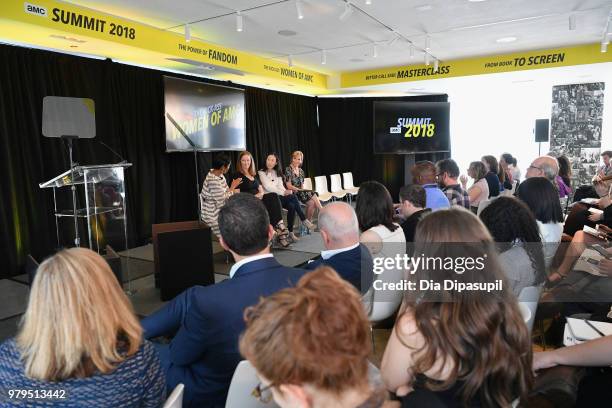 Tamron Hall, Melissa Bernstein, Angela Kang, and Marti Noxon speak onstage during the "The Kick-Ass Women of AMC" Panel at the AMC Summit at Public...