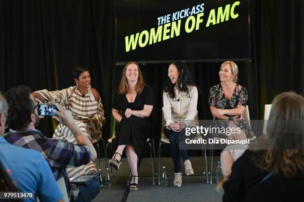 Tamron Hall, Melissa Bernstein, Angela Kang, and Marti Noxon speak onstage during the "The Kick-Ass Women of AMC" Panel at the AMC Summit at Public...