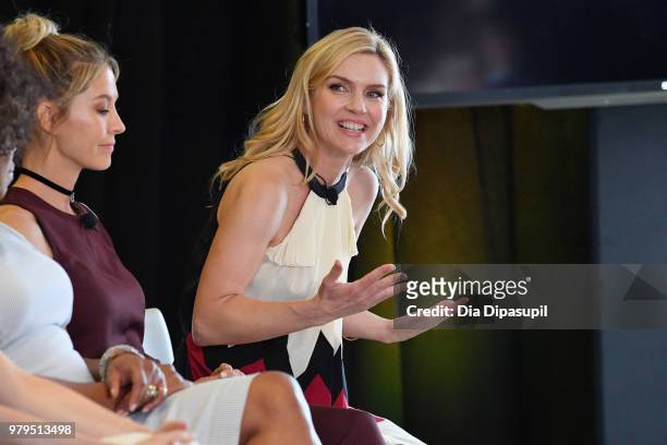 Jenna Elfman and Rhea Seehorn speak onstage during the "Kick-Ass Women of AMC" Panel at the AMC Summit at Public Hotel on June 20, 2018 in New York...