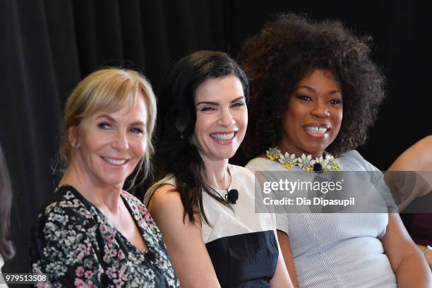 Marti Noxon, Julianna Margulies, and Lorraine Toussaint speak onstage during the "Kick-Ass Women of AMC" Panel at the AMC Summit at Public Hotel on...