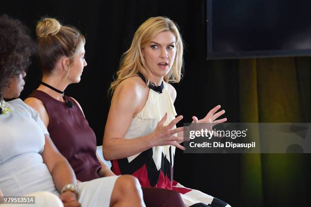 Jenna Elfman and Rhea Seehorn speak onstage during the "Kick-Ass Women of AMC" Panel at the AMC Summit at Public Hotel on June 20, 2018 in New York...