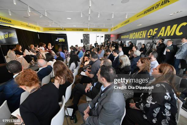 Tamron Hall, Melissa Bernstein, Angela Kang, Marti Noxon, Julianna Margulies, Lorraine Toussaint, Jenna Elfman, and Rhea Seehorn speak onstage during...