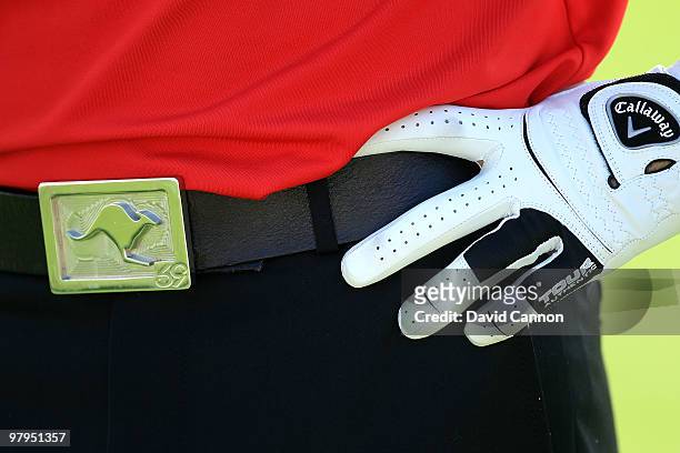 Stuart Appleby of Australia and the Isleworth team shows a patriotic belt buckle during the first day's play in the 2010 Tavistock Cup, at the...