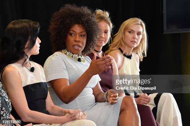 Julianna Margulies, Lorraine Toussaint, Jenna Elfman, and Rhea Seehorn speak onstage during the "Kick-Ass Women of AMC" Panel at the AMC Summit at...