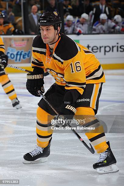 Marco Sturm of the Boston Bruins watches the play against the New York Rangers at the TD Garden on March 21, 2010 in Boston, Massachusetts.