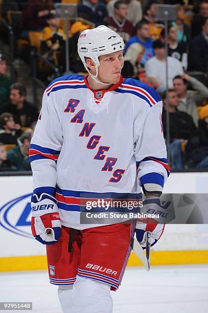 Marc Staal of the New York Rangers skates during the game against the Boston Bruins at the TD Garden on March 21, 2010 in Boston, Massachusetts.