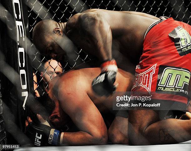 Fighter Paul Buentello battles UFC fighter Cheick Kongo during their Heavyweight fight at UFC Fight Night: Vera vs. Jones at the 1st Bank Center on...