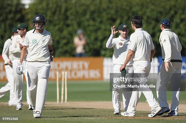 Chris Martin of New Zealand walks from the field after being bowled during day five of the First Test match between New Zealand and Australia at...