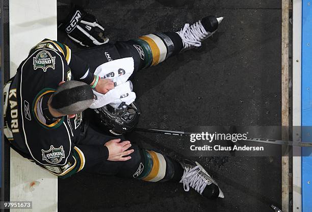 Nazem Kadri of the London Knights cools off in the penalty box in the first game of the opening round of the 2010 playoffs against the Guelph Storm...