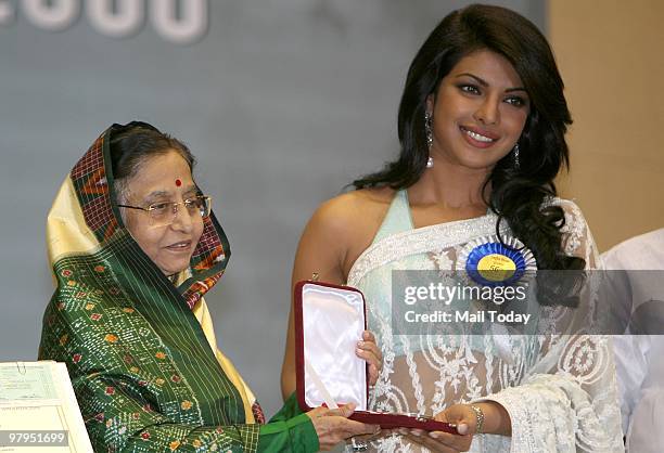 President Pratibha Patil presenting the Best Actress Award to actress Priyanka Chopra during the 56th National Film awards for cinema for 2008, in...