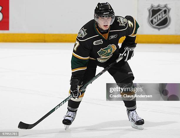 Matt Ashman of the London Knights waits for a faceoff in the first game of the opening round of the 2010 playoffs against the Guelph Storm on March...