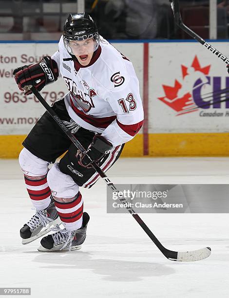 Peter Holland of the Guelph Storm skates in the first game of the opening round of the 2010 playoffs against the London Knights on March 19, 2010 at...