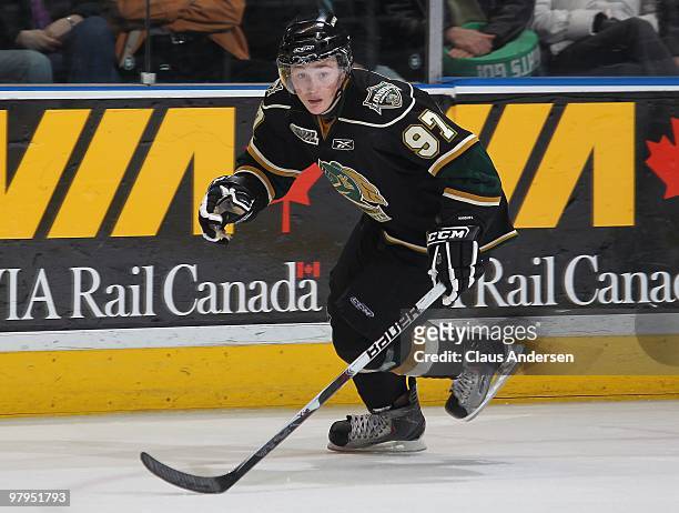 Jared Knight of the London Knights skates in the first game of the opening round of the 2010 playoffs against the Guelph Storm on March 19, 2010 at...