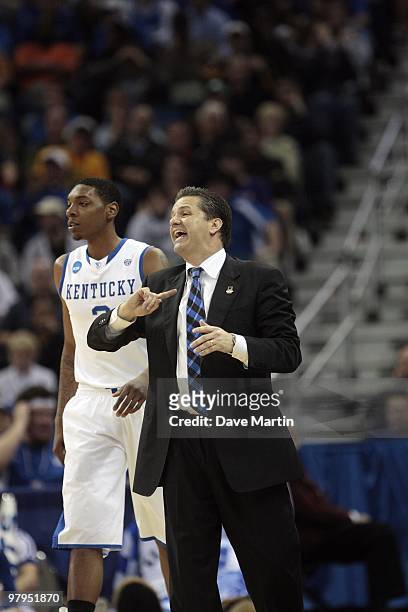 Coach John Calipari of the Kentucky Wildcats talks to his team during the second round of the 2010 NCAA men's basketball tournament at the New...