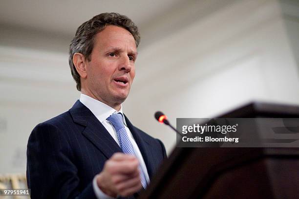Timothy Geithner, U.S. Treasury secretary, speaks at the American Enterprise Institute in Washington, D.C., U.S., on Monday, March 22, 2010. Geithner...