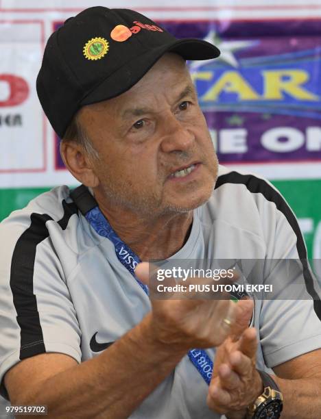 Nigeria's German coach Gernot Rohr addresses a press conference at the Essentuki Arena in southern Russia on June 20, 2018. - The Nigerian national...