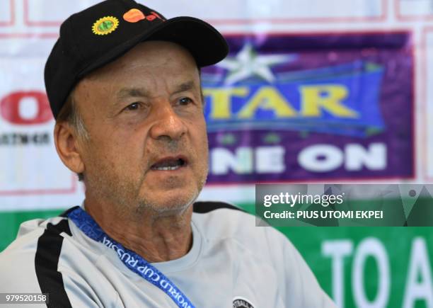 Nigeria's German coach Gernot Rohr addresses a press conference at the Essentuki Arena in southern Russia on June 20, 2018. - The Nigerian national...