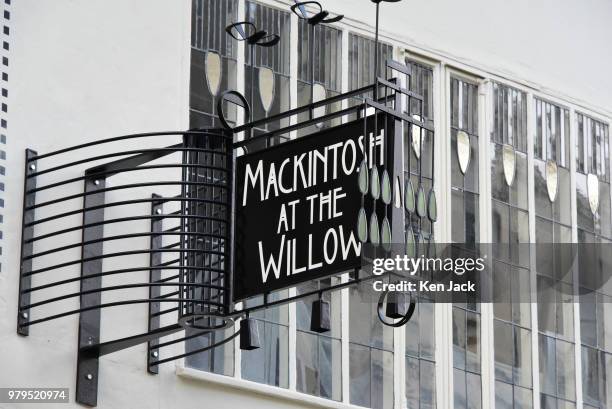 Sign outside the Charles Rennie Mackintosh designed Willow Tea Rooms in Sauchiehall Street, just a short distance from the Glasgow School of Art...