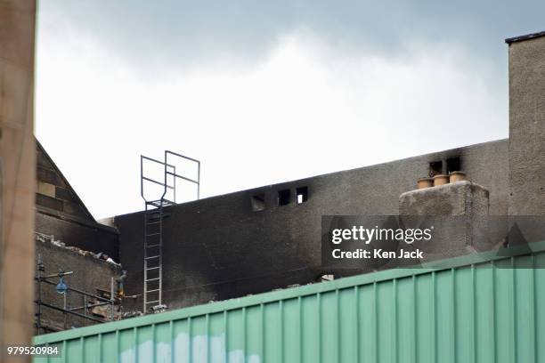 Smoke-blackened remains of the Glasgow School of Art Mackintosh building, which was completly burned out in a major fire, still carry recognisable...