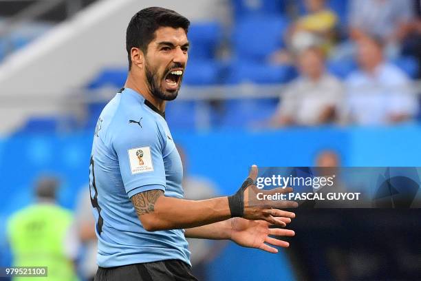 Uruguay's forward Luis Suarez shouts during the Russia 2018 World Cup Group A football match between Uruguay and Saudi Arabia at the Rostov Arena in...