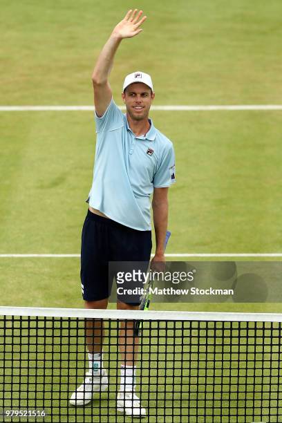 Sam Querrey of The USA celebrates winning his match against Stan Wawrinka of Switzerland on Day Three of the Fever-Tree Championships at Queens Club...