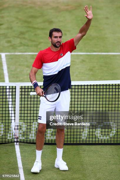 Marin Cilic of Croatia celebrates winning his match against Gilles Muller of Luxembourg on Day Three of the Fever-Tree Championships at Queens Club...