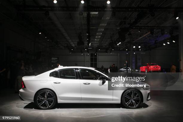 The Volvo S60 vehicle stands on display during an unveiling event at the official opening of the Volvo Cars USA plant in Ridgeville, South Carolina,...