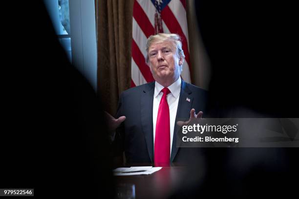 President Donald Trump speaks during a meeting with Republican members of Congress in the Cabinet Room of the White House in Washington, D.C., U.S.,...