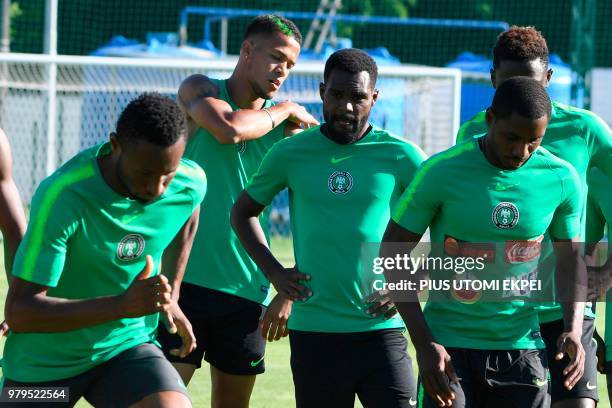 Nigeria's defender Brian Idowu attends with team-mates a training session at Essentuki Arena in southern Russia on June 20, 2018 during the Russia...