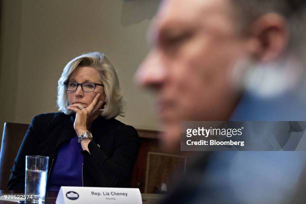 Representative Liz Cheney, a Republican from Wyoming, listens during a meeting with Republican members of Congress in the Cabinet Room of the White...