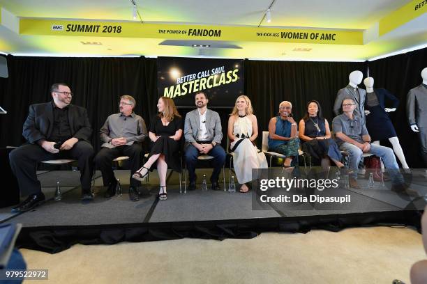 Alan Sepinwall, Vince Gilligan, Melissa Bernstein, Gordon Smith, Rhea Seehorn, Jennifer Bryan, Judy Rhee, and Marshall Adams speak onstage during the...